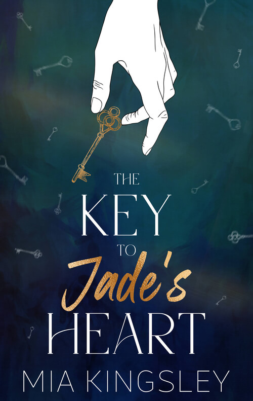 Das Buchcover der Dark Romance „The Key to Jade’s Heart“ von Bestseller-Autorin Mia Kingsley zeigt ein atmosphärisches Design in Dunkelblau und Smaragdgrün. Im Zentrum lässt eine minimalistisch gezeichnete Hand einen kunstvoll verzierten, goldenen Schlüssel fallen, während im Hintergrund weitere zarte Schlüsselmotive schweben. Der Buchtitel ist elegant platziert: Die Worte „THE KEY TO“ und „HEART“ sind in cleanen, weißen Großbuchstaben gesetzt, während der Name „Jade’s“ in einer schwungvollen, goldenen Schreibschrift glänzt. Am unteren Rand rundet der Autorenname das Cover dieses spannenden Liebesromans harmonisch ab.